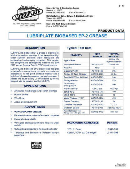 L0341-098 LUBRIPLATE BIO-BASED EP-2 GREASE, ADHESIVE, ISO-100, PASSES US-EPA ACUTE TOXICITY TEST LC-50, MEETS US-EPA VESSEL GENERAL PERMIT (VGP) – CASE OF 40 CARTRIDGES