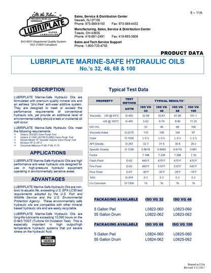 L0823-060 LUBRIPLATE MARINE SAFE HYDRAULIC OIL ISO-46 – 5 GALLON PAIL