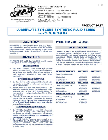 L0972-060 LUBRIPLATE SYN LUBE 68 (100% SYNTHETIC COMPRESSOR / CIRCULATING FLUID) – 5 GALLON PAIL