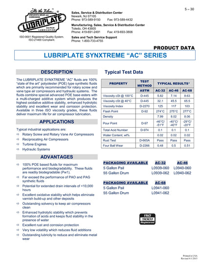 L0941-060 LUBRIPLATE AC-68 (100% SYNTHETIC POLYOLESTER) (POE) – 5 GALLON PAIL