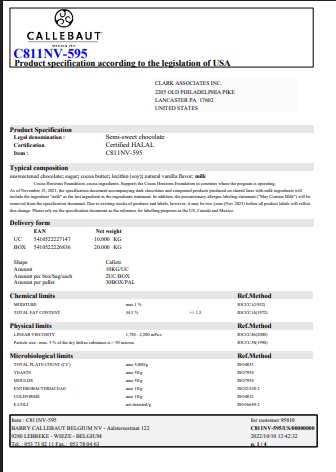 Callebaut Recipe C811 Dark Chocolate Callets – 22 lb, 2/Case