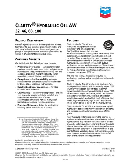 CHEVRON CLARITY HYD OIL AW-32 – 5 GALLON PAIL