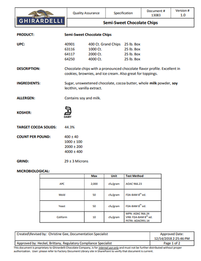 Ghirardelli 1M Semi-Sweet Chocolate Baking Chips 5 lb Bag