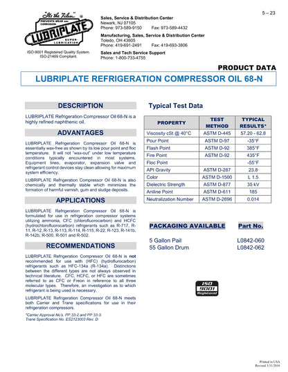 L0842-062 LUBRIPLATE REFRIGERATION COMP. OIL 68-N – 55 GALLON DRUM