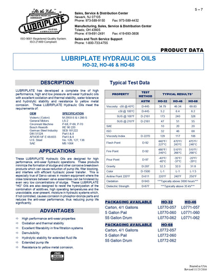 L0770-060 LUBRIPLATE HYDRAULIC OIL HO-32 – 5 GALLON PAIL