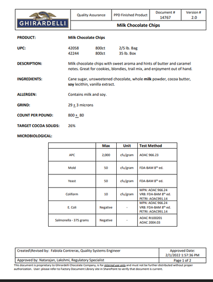 Ghirardelli .8M Milk Chocolate Baking Chips 5 lb Bag