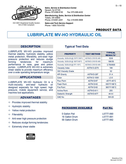 L0777-060 LUBRIPLATE MULTI-VIS HYDRAULIC OIL (MV-HO) – 5 GALLON PAIL
