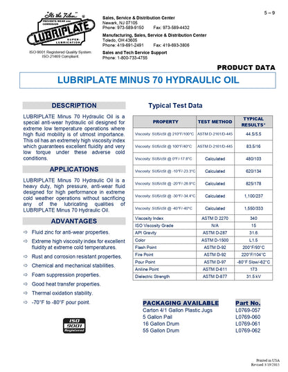 L0769-057 LUBRIPLATE MINUS 70 HYDRAULIC OIL – CASE OF 4 – 1 GALLON JUGS