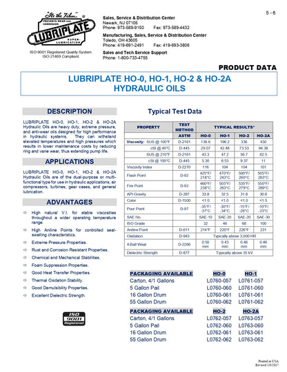 L0760-060 LUBRIPLATE HYDRAULIC OIL HO-0 – 5 GALLON PAIL [REPLACEMENT FOR DTE 10 EXCEL 15 or DTE 11M]