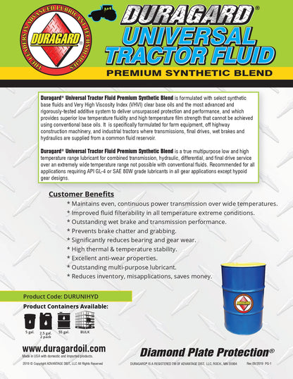 DURAGARD® DIAMOND PLATE® UNIVERSAL HYDRAULIC TRACTOR FLUID, PREMIUM SYNTHETIC BLEND – 55 GALLON DRUM [REPLACES MOBILFLUID 424]