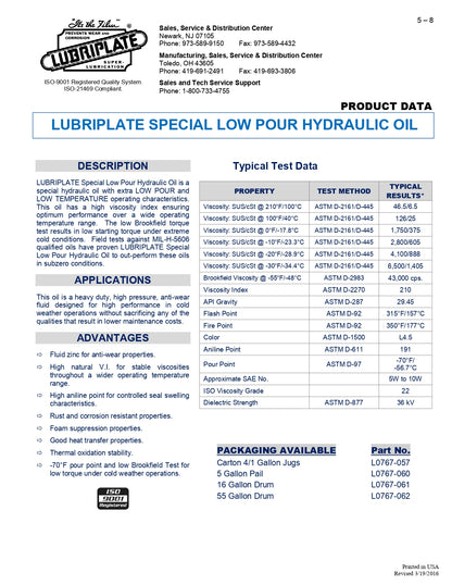 L0767-057 LUBRIPLATE SPECIAL LOW POUR HYDRAULIC OIL – CASE OF 4 – 1 GALLON JUGS
