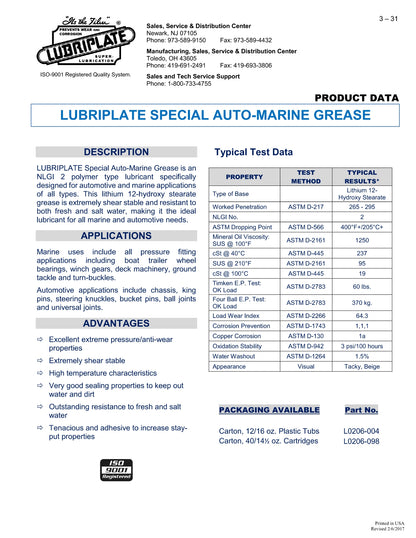 L0206-098 LUBRIPLATE SPECIAL MARINE GREASE AUTO/MARINE – CASE OF 40 CARTRIDGES
