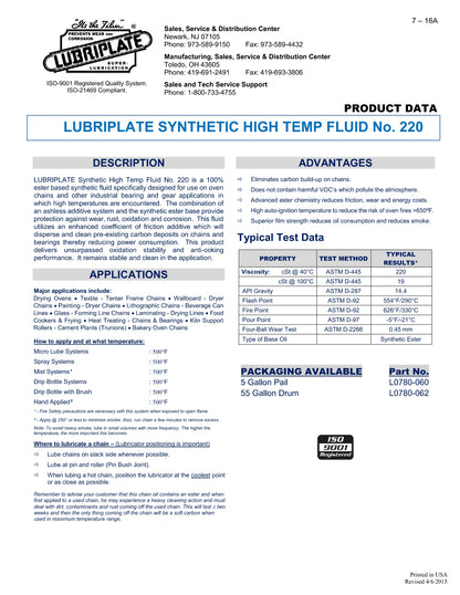 L0780-060 LUBRIPLATE SYNTHETIC HIGH TEMP OVEN FLUID No. 220 – 5 GALLON PAIL