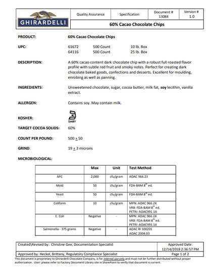 Ghirardelli 60% Cacao Dark Chocolate .5M Baking Chips 5 lb.