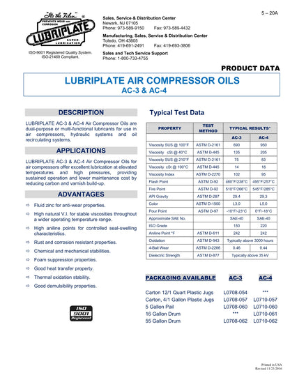 L0708-062 LUBRIPLATE AIR COMPRESSOR OIL AC-3 – 55 GALLON DRUM