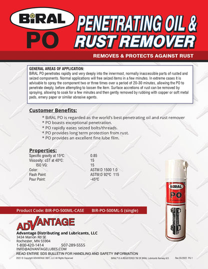 BIRAL PO PENETRATING OIL, 500ML AEROSOL (16.91 FLUID OZ.) – SINGLE