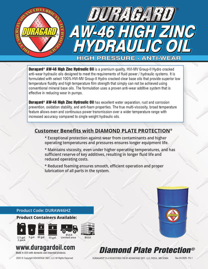 DURAGARD® DIAMOND PLATE® AW-46, PREMIUM HIGH ZINC, ANTI WEAR, NON FOAMING, HVI MULTI-WEIGHT HYDRAULIC OIL – 5 GALLON PAIL