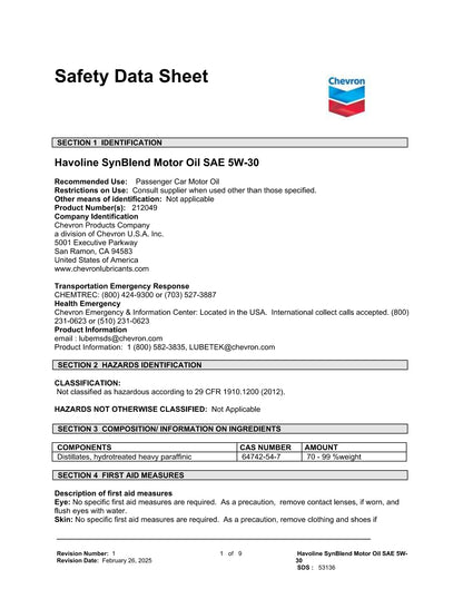 CHEVRON HAVOLINE SYNTHETIC BLEND 5W30 – CASE OF 12 – 1 QUART BOTTLES
