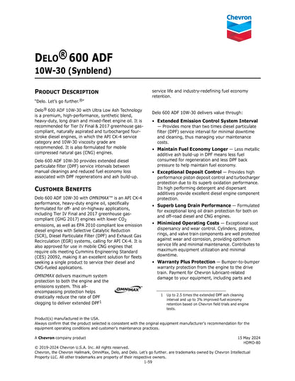 CHEVRON DELO 600 ADF 10W30 CK-4 ULTRA LOW ASH – CASE OF 3 – 1 GALLON JUGS