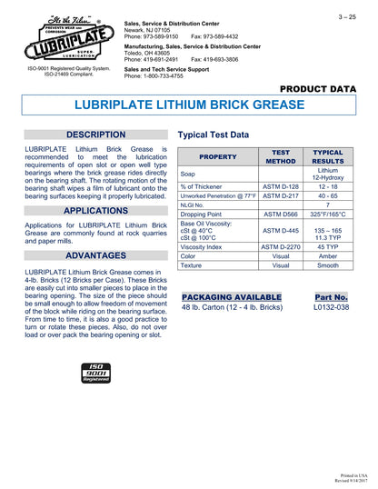 L0132-038 LUBRIPLATE LITHIUM BRICK GREASE [ REPLACES 131-038 ] – CASE OF 12 – 4LB BRICKS