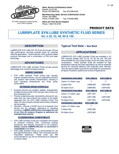 L0970-062 LUBRIPLATE SYN LUBE 32 100% SYNTHETIC, ZF, PAO/ESTER SEVERE LOW TEMP ( -70F ), EXTREME LIFE OR SEALED FOR LIFE HYDRAULIC FLUID – 55 GALLON DRUM