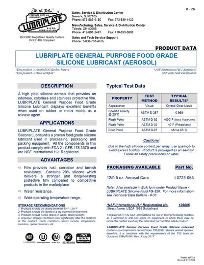 L0723-063 LUBRIPLATE GENERAL PURPOSE FOOD GRADE SILICONE LUBRICANT AEROSOL, PACKAGING & MOLD RELEASE AGENT – CASE OF 12 – 9.5oz AEROSOL CANS