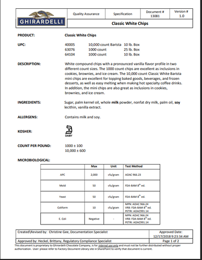 Ghirardelli 1M Classic White Baking Chips 10 lb Bulk