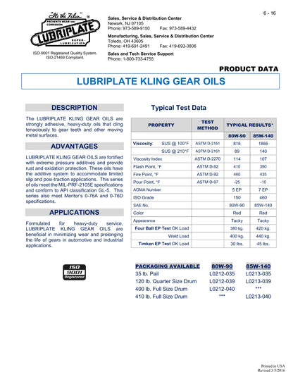 L0212-035 LUBRIPLATE KLING GEAR SAE 80W-90 – 5 GALLON PAIL
