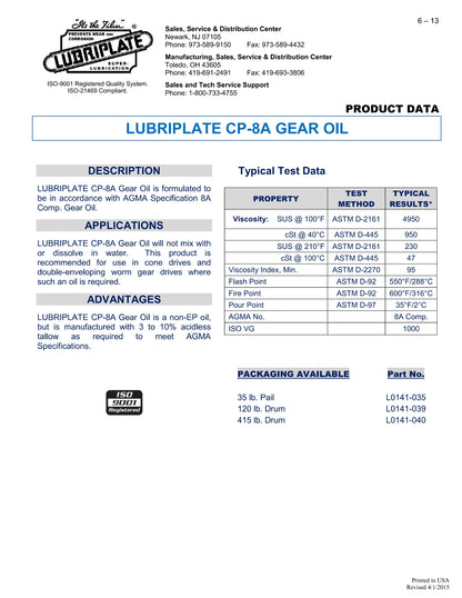 L0141-035 LUBRIPLATE CP-8A Gear Oil – 5 GALLON PAIL