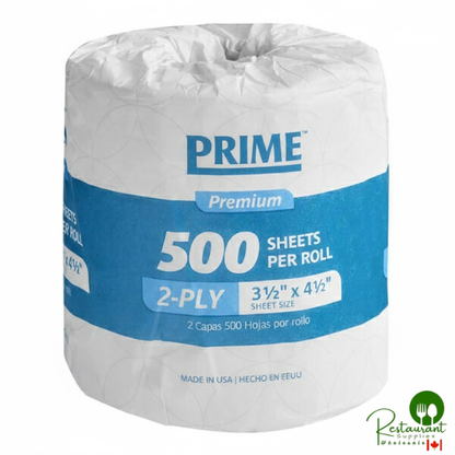 Prime Premium 3 1/2" x 4 1/2" Individually Wrapped 2-Ply Standard 500 Sheet Toilet Paper Roll - 96/Case