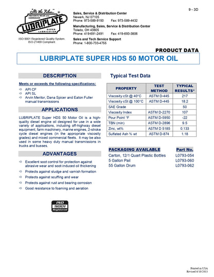 L0793-062 LUBRIPLATE SUPER HDS MOTOR OIL SAE 50 – 55 GALLON DRUM