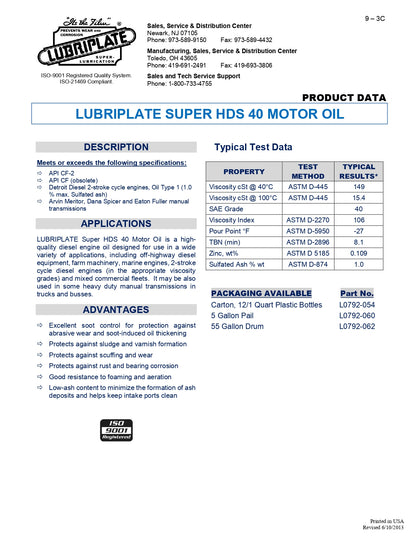 L0792-054 LUBRIPLATE SUPER HDS MOTOR OIL SAE 40 – CASE OF 12 – 1 QUART BOTTLES