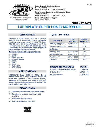 L0791-062 LUBRIPLATE SUPER HDS MOTOR OIL SAE 30 – 55 GALLON DRUM