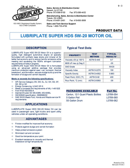 L0789-062 LUBRIPLATE SUPER HDS MOTOR OIL SAE 5W-20 – 55 GALLON DRUM