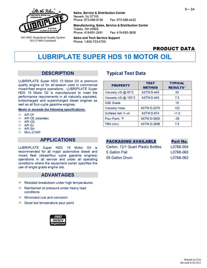 L0788-062 LUBRIPLATE SUPER HDS MOTOR OIL SAE 10W – 55 GALLON DRUM
