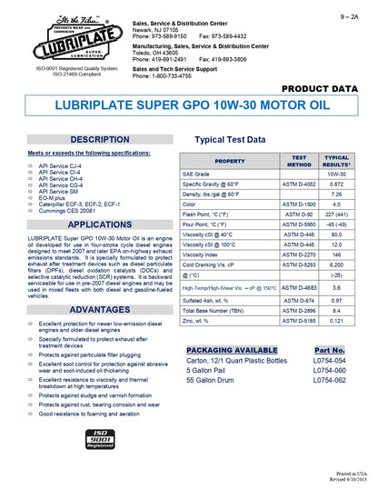 L0754-062 LUBRIPLATE GPO MOTOR OIL SAE 10W-30 – 55 GALLON DRUM