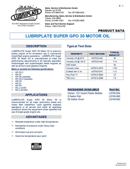 L0749-060 LUBRIPLATE GPO MOTOR OIL SAE 30 – 5 GALLON PAIL