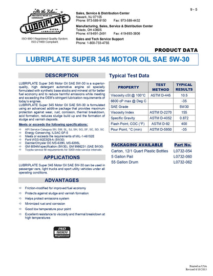 L0732-062 LUBRIPLATE 345 MOTOR OIL 5W-30 – 55 GALLON DRUM