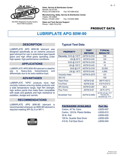L0030-035 LUBRIPLATE APG-80W-90 ISO-150 – 5 GALLON PAIL