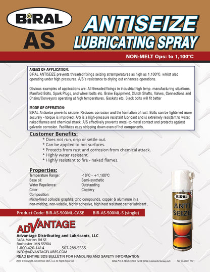 BIRAL AS, ANTI-SIEZE 500ML AEROSOL (16.91 FLUID OZ.) – SINGLE CAN
