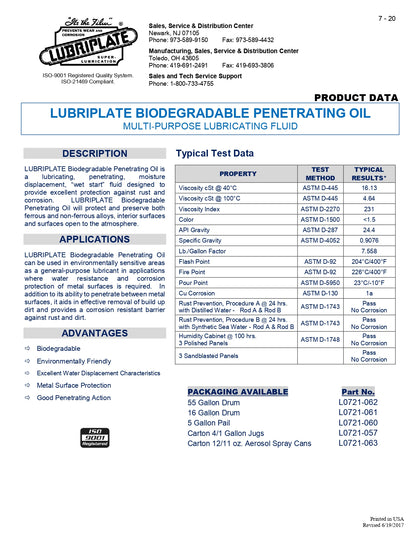 L0721-063 LUBRIPLATE BIODEGRADABLE PENETRATING OIL – CASE OF 12 – 11oz AEROSOL CANS