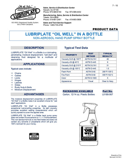 L0188-067 LUBRIPLATE OIL WELL IN A BOTTLE – CASE OF 12 – 14OZ PUMP SPRAY BOTTLES