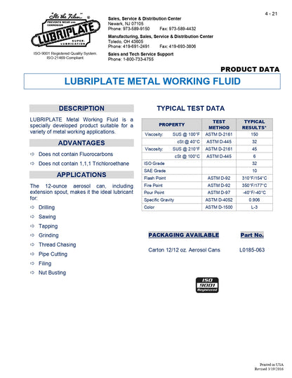 L0185-063-S LUBRIPLATE METAL WORKING FLUID (SPRAY) – 12oz AEROSOL CAN (SINGLE)