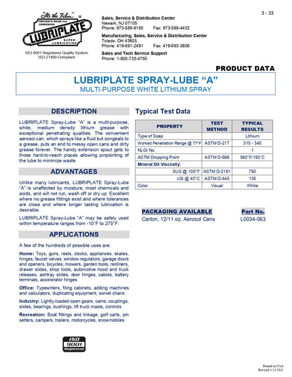 L0034-063 LUBRIPLATE SPRAY LUBE ‘A’ WHITE LITHIUM GREASE – CASE OF 12 – 11oz AEROSOL CANS