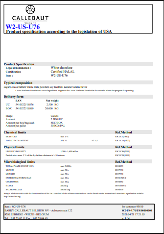 Callebaut Recipe W2 White Chocolate Callets™ – 5.5 lb Bag