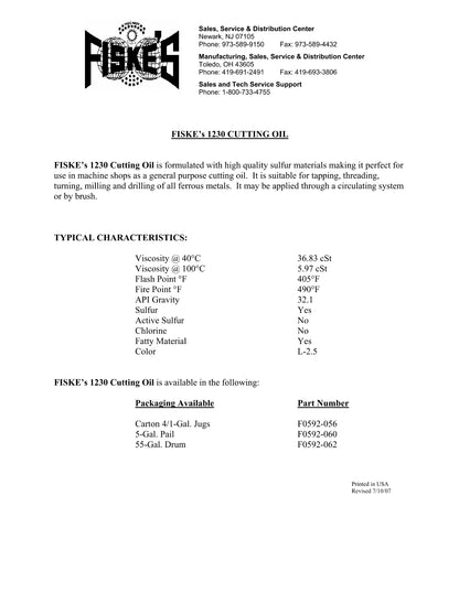FISKE BROTHERS 1230 Cutting Oil – 55 GALLON DRUM
