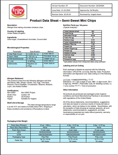Enjoy Life Semi-Sweet Vegan 4M Chocolate Chips 50 lb.