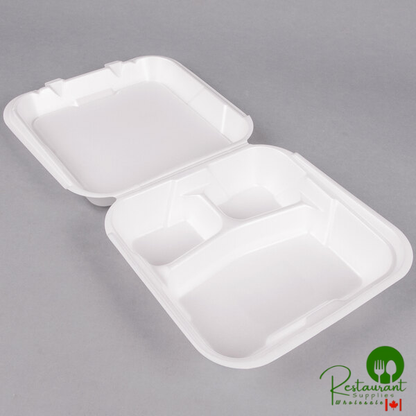 Genpak SN203-WHT 9 1/4" x 9 1/4" x 3" White Large 3-Compartment Foam Snap-It Hinged Lid Container - 200/Case