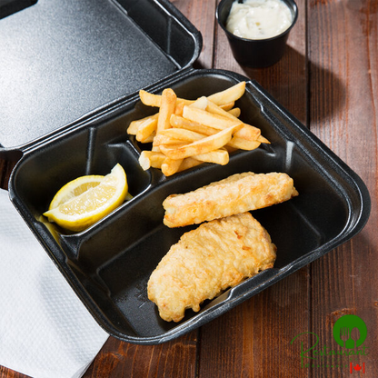 Genpak SN203-BK 9" x 9" x 3" Black 3-Compartment Hinged Lid Foam Container - 200/Case