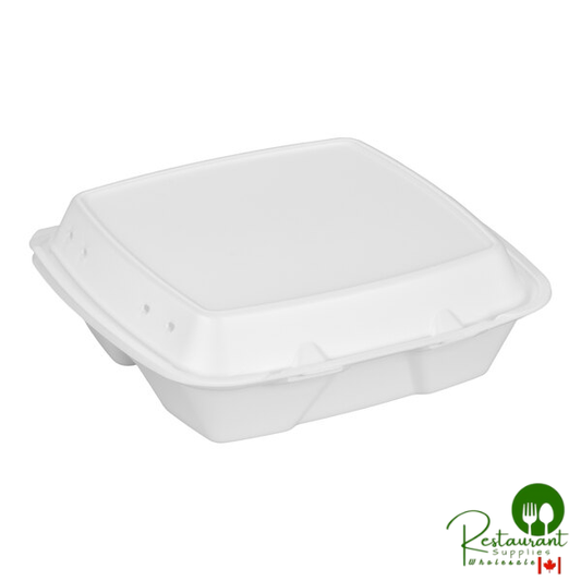 Dart 90HTPF3VR 9" x 9" x 3" White Foam Square Vented 3 Compartment Take Out Container with Perforated Hinged Lid - 200/Case